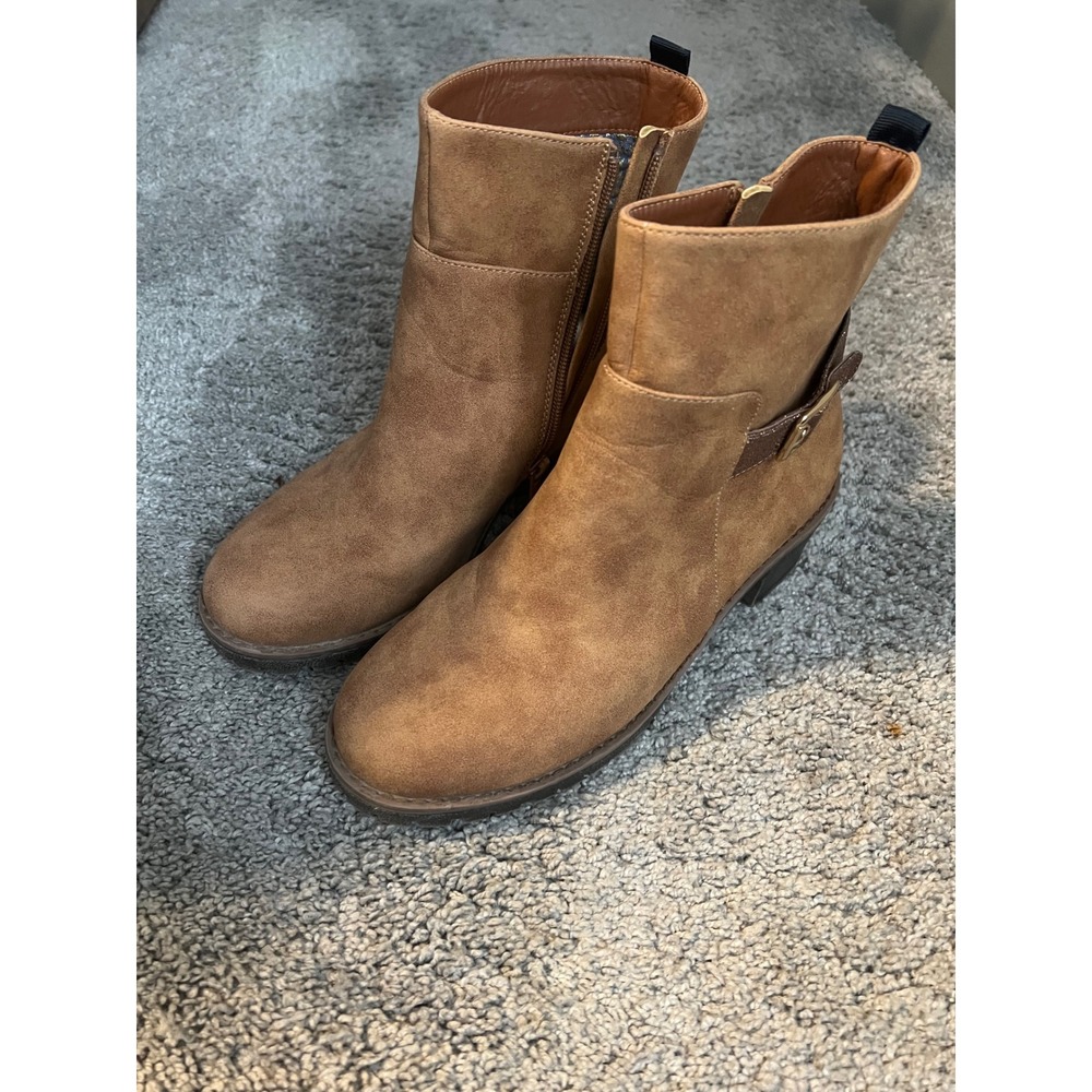 Tommy Hilfiger Girls Tan Suede Glitter Buckle Ankle Boots Side Zip Chunky Heels - Picture 7 of 7